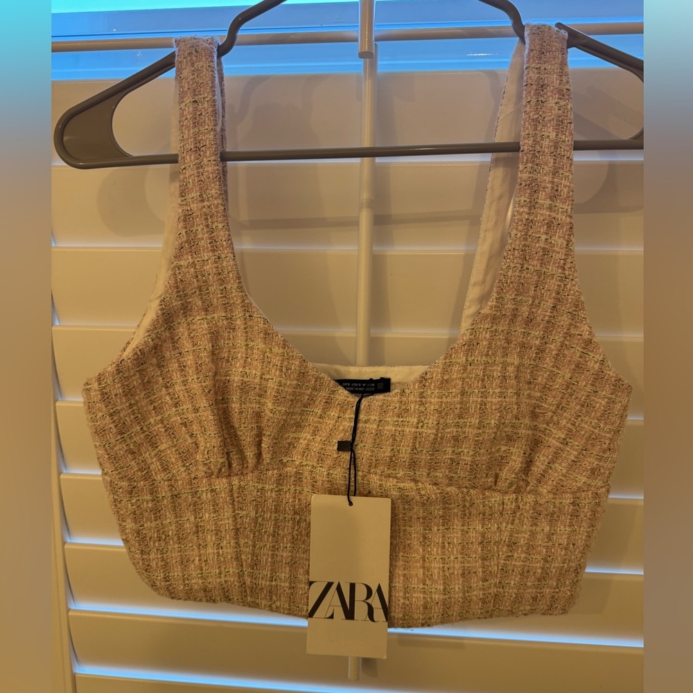 Zara Speckled Pink and Silver Crop Tweed Tank